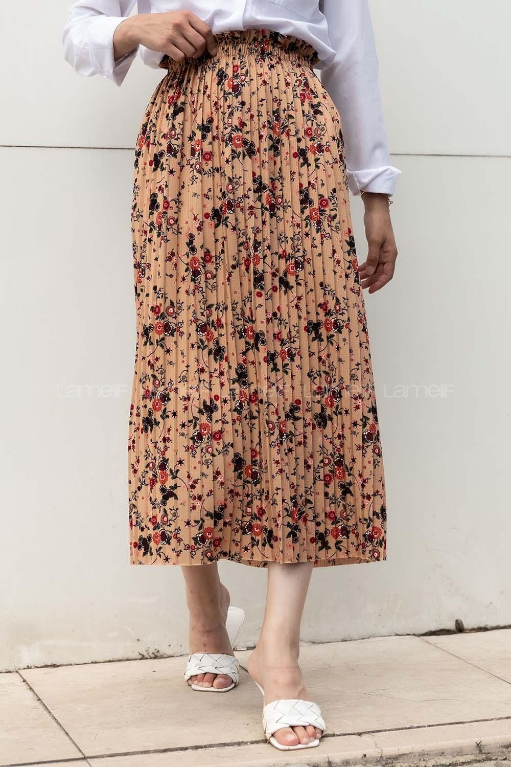 Modalamelif Çiçek Desenli Mira Etek Sütlü Kahve