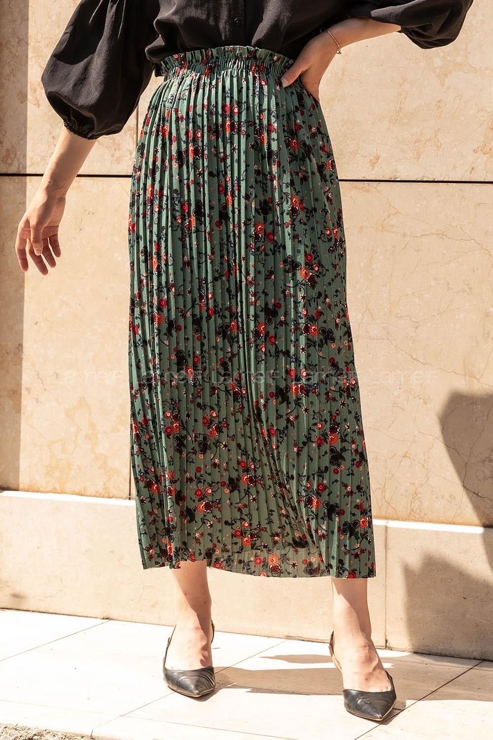 Modalamelif Çiçek Desenli Mira Etek Çağla Yeşili