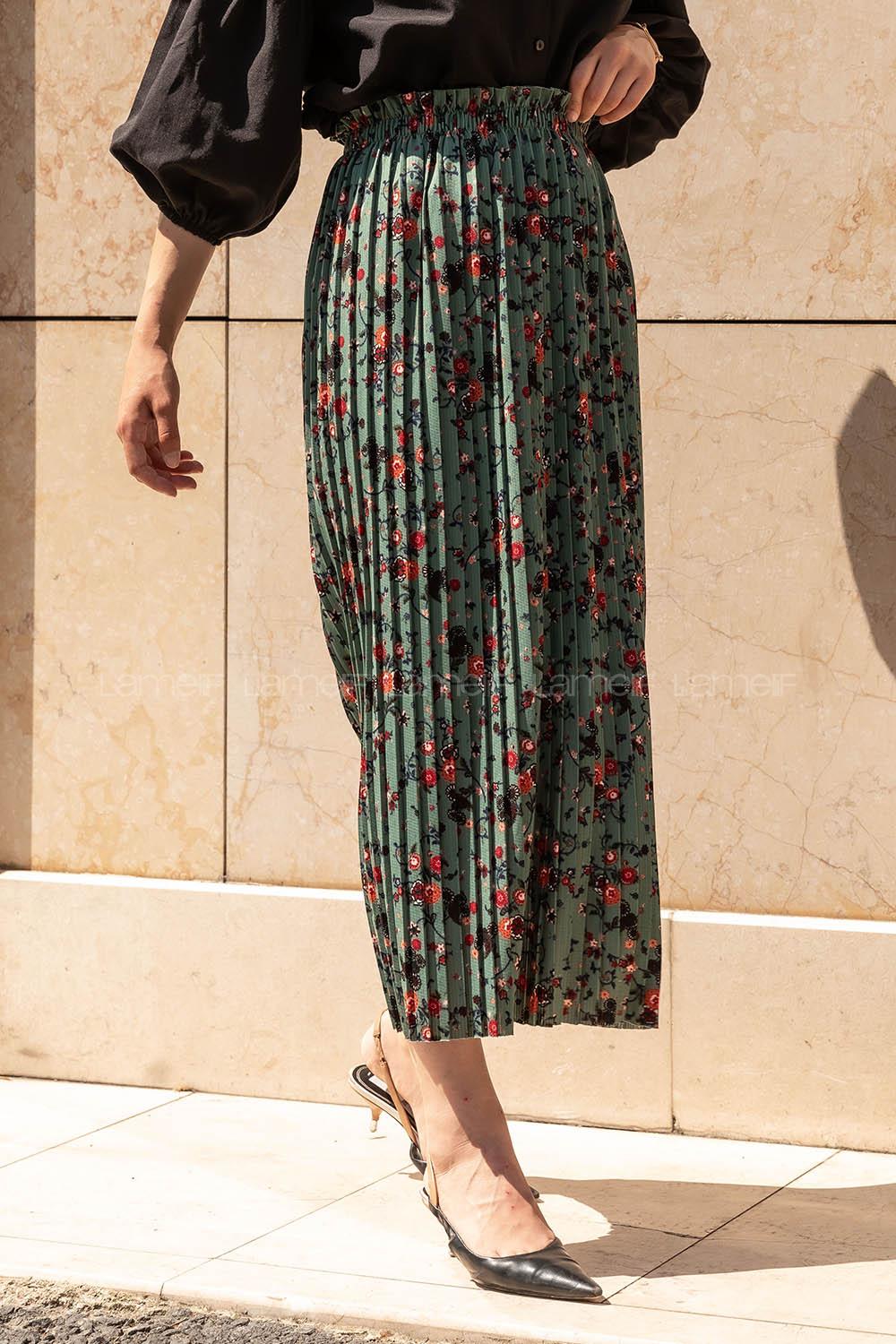 Modalamelif Çiçek Desenli Mira Etek Çağla Yeşili