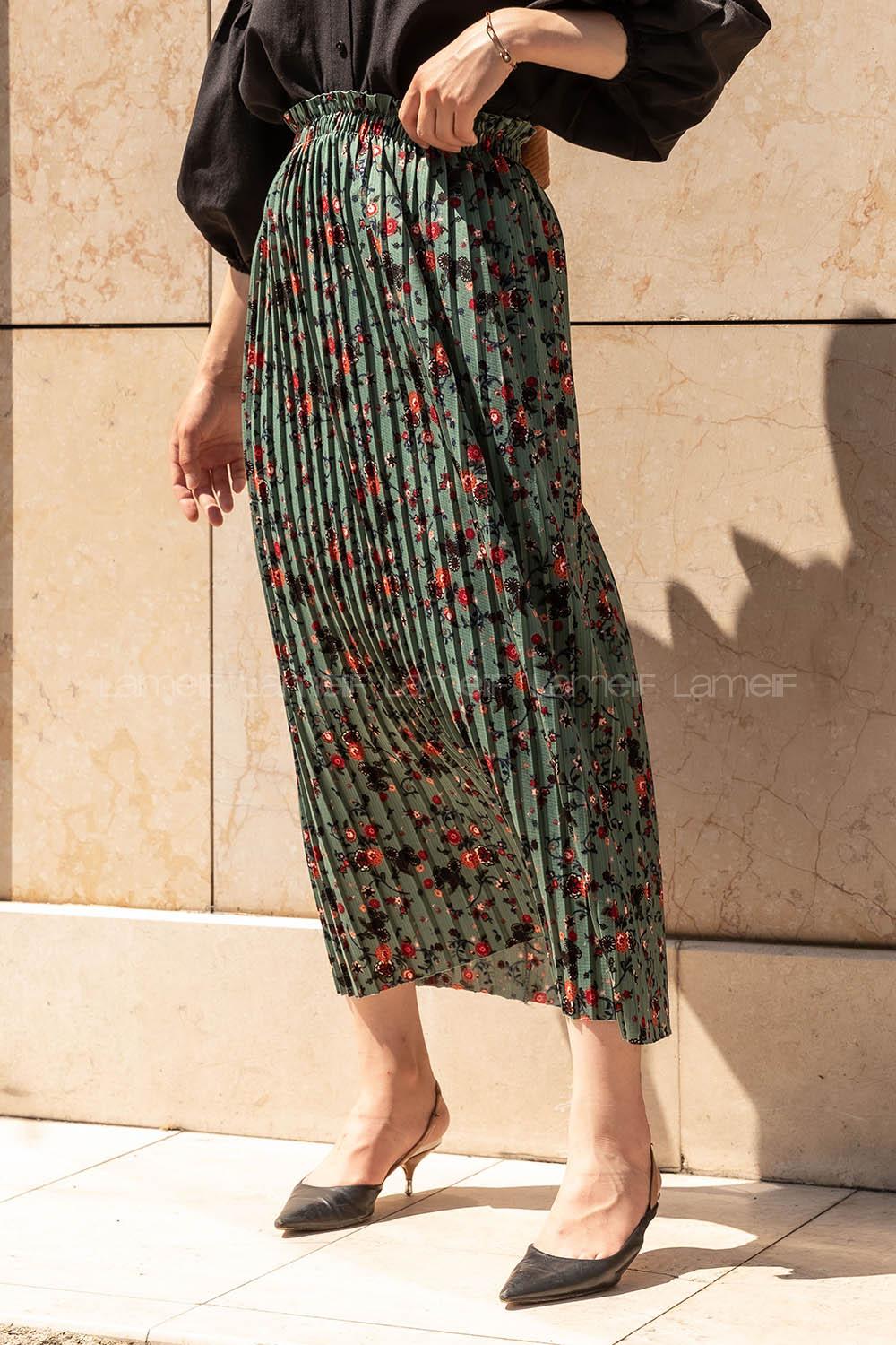 Modalamelif Çiçek Desenli Mira Etek Çağla Yeşili