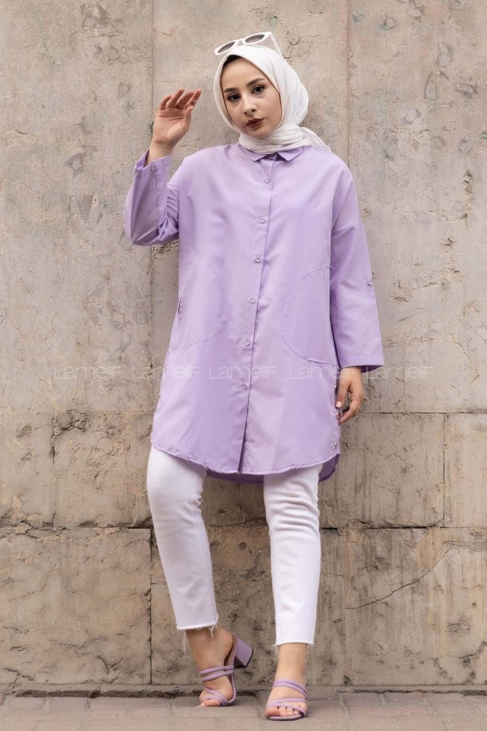 Modalamelif Gizli Cep Düşük Kol Gömlek Lila