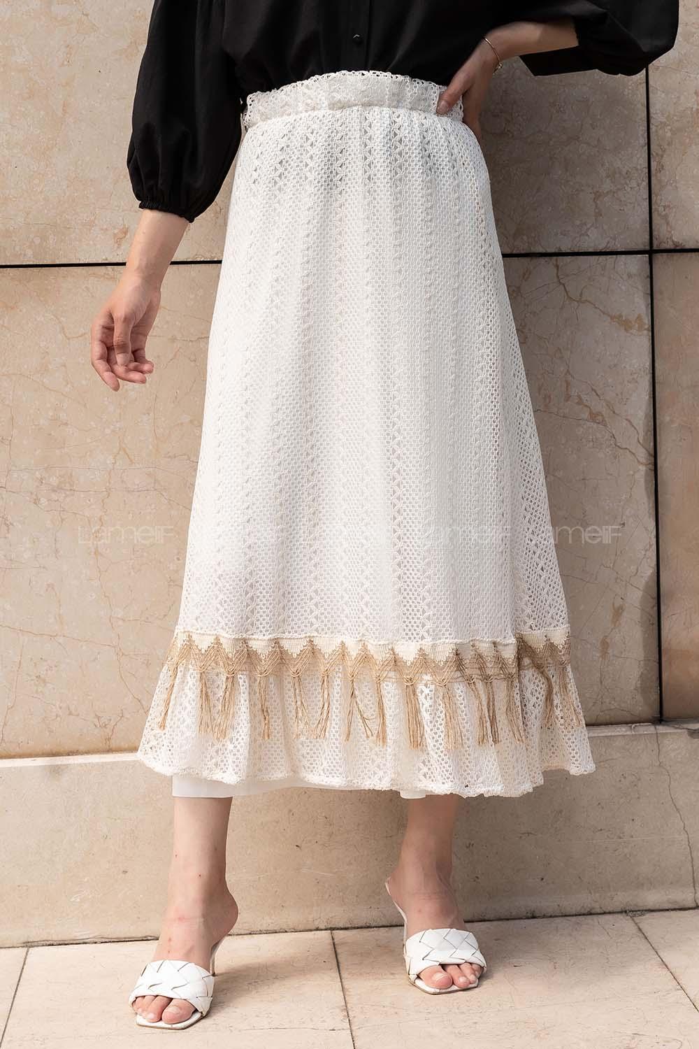 Modalamelif Güpür Detaylı İçi Astarlı Etek Bej