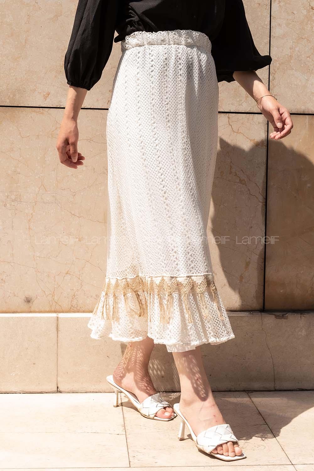 Modalamelif Güpür Detaylı İçi Astarlı Etek Bej