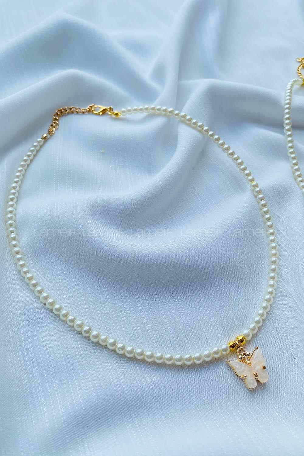 Modalamelif İnci Boncuk Beyaz Kelebek Kolye