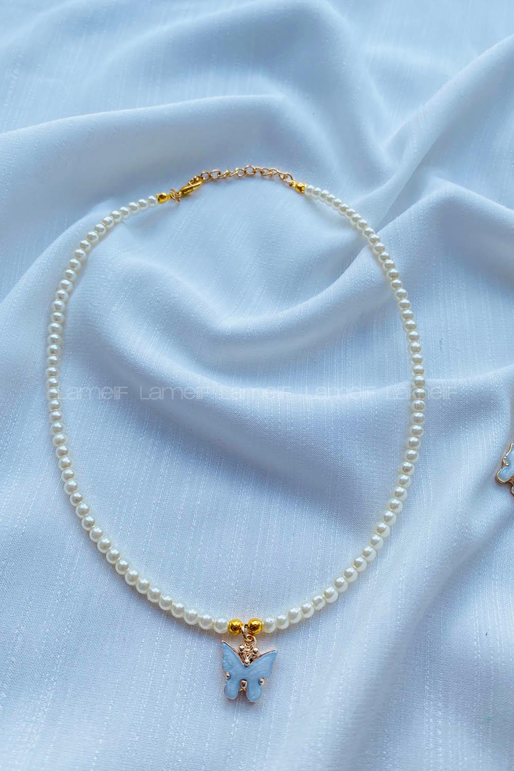 Modalamelif İnci Boncuk Mavi Kelebek Kolye