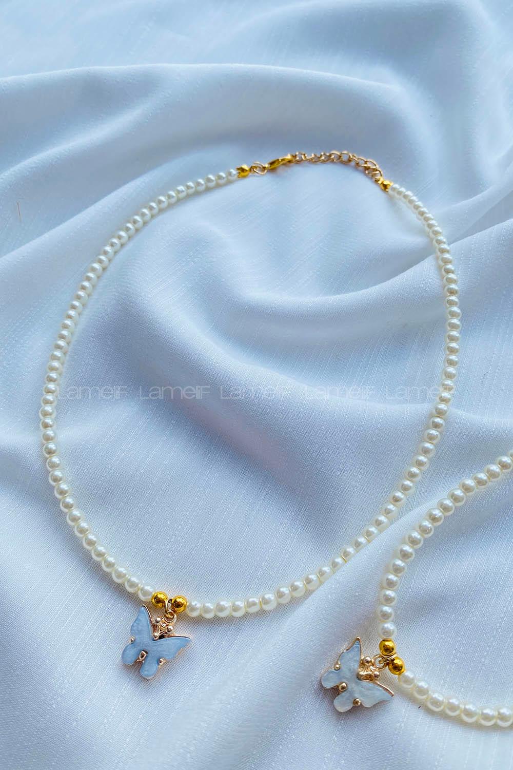 Modalamelif İnci Boncuk Mavi Kelebek Kolye