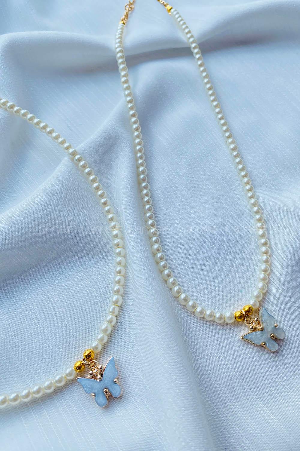 Modalamelif İnci Boncuk Mavi Kelebek Kolye