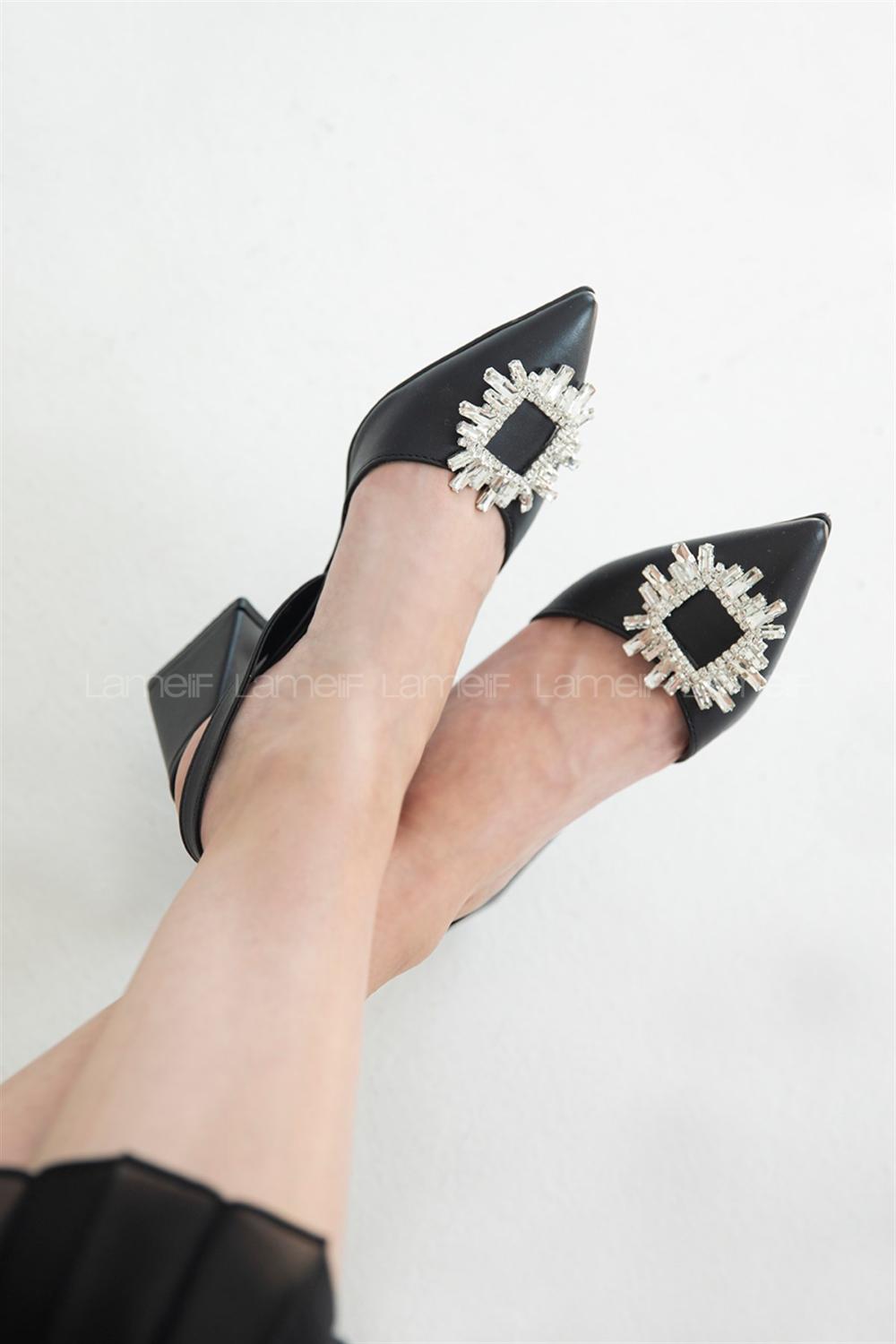 Modalamelif  Kadın Topuklu Taş Detay Saten Sandalet Siyah