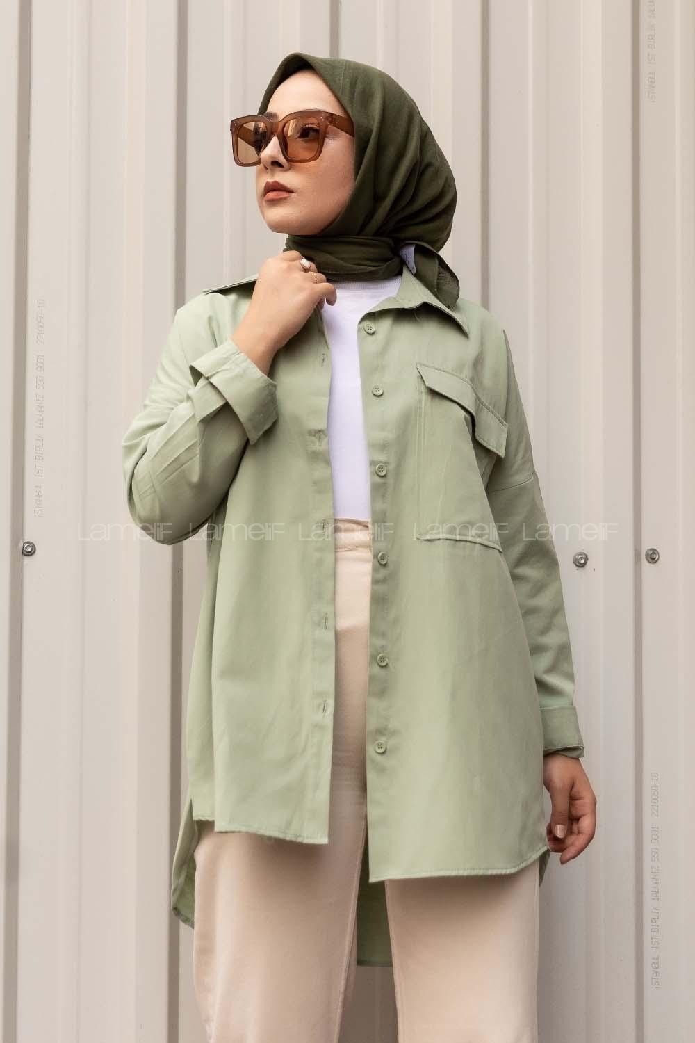 Modalamelif Kapak Cep Detaylı Önü Boydan Düğmeli Gömlek Çağla Yeşili