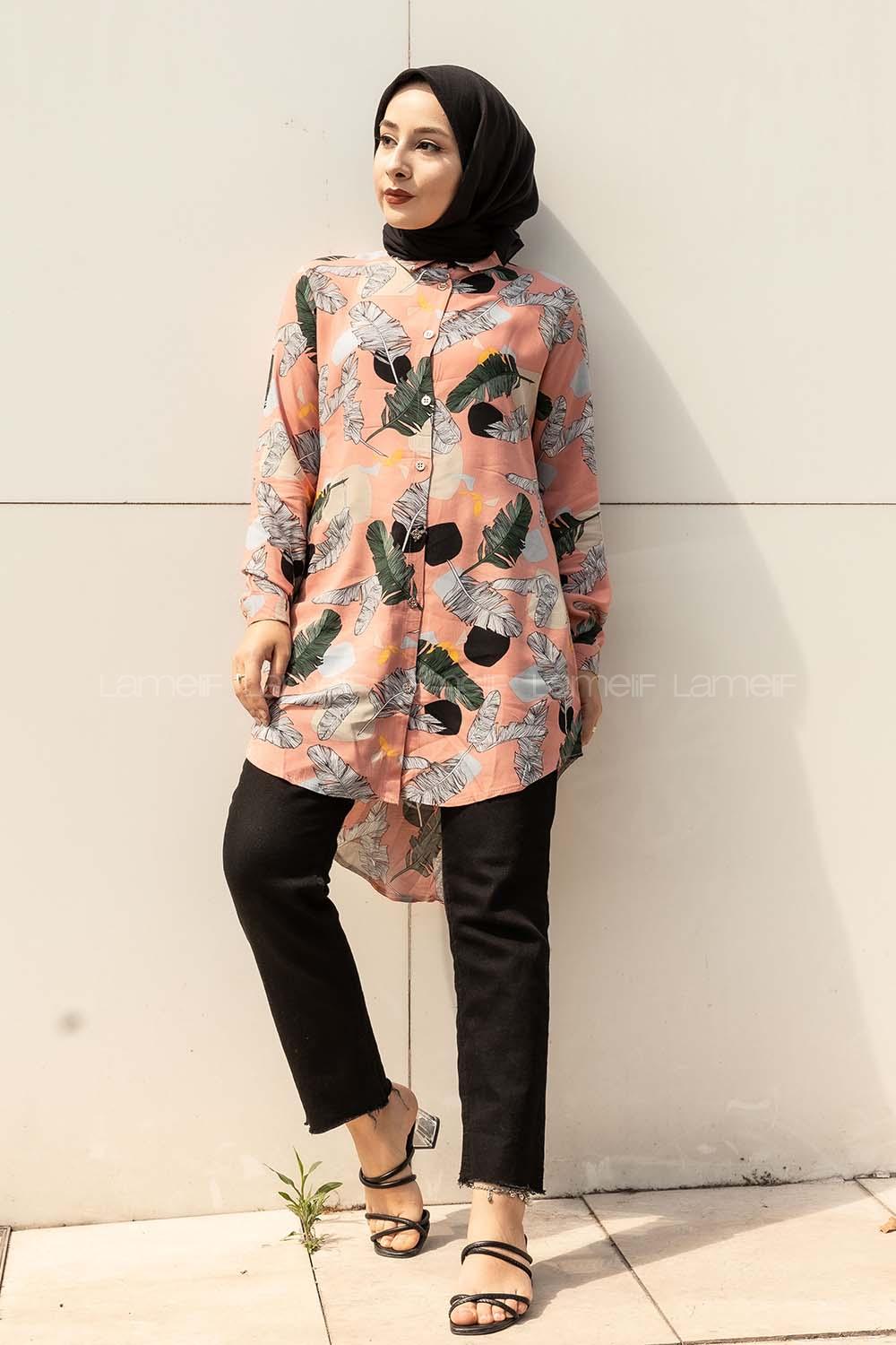 Modalamelif Önü Boydan Düğmeli Yaprak Desenli Gömlek Pembe