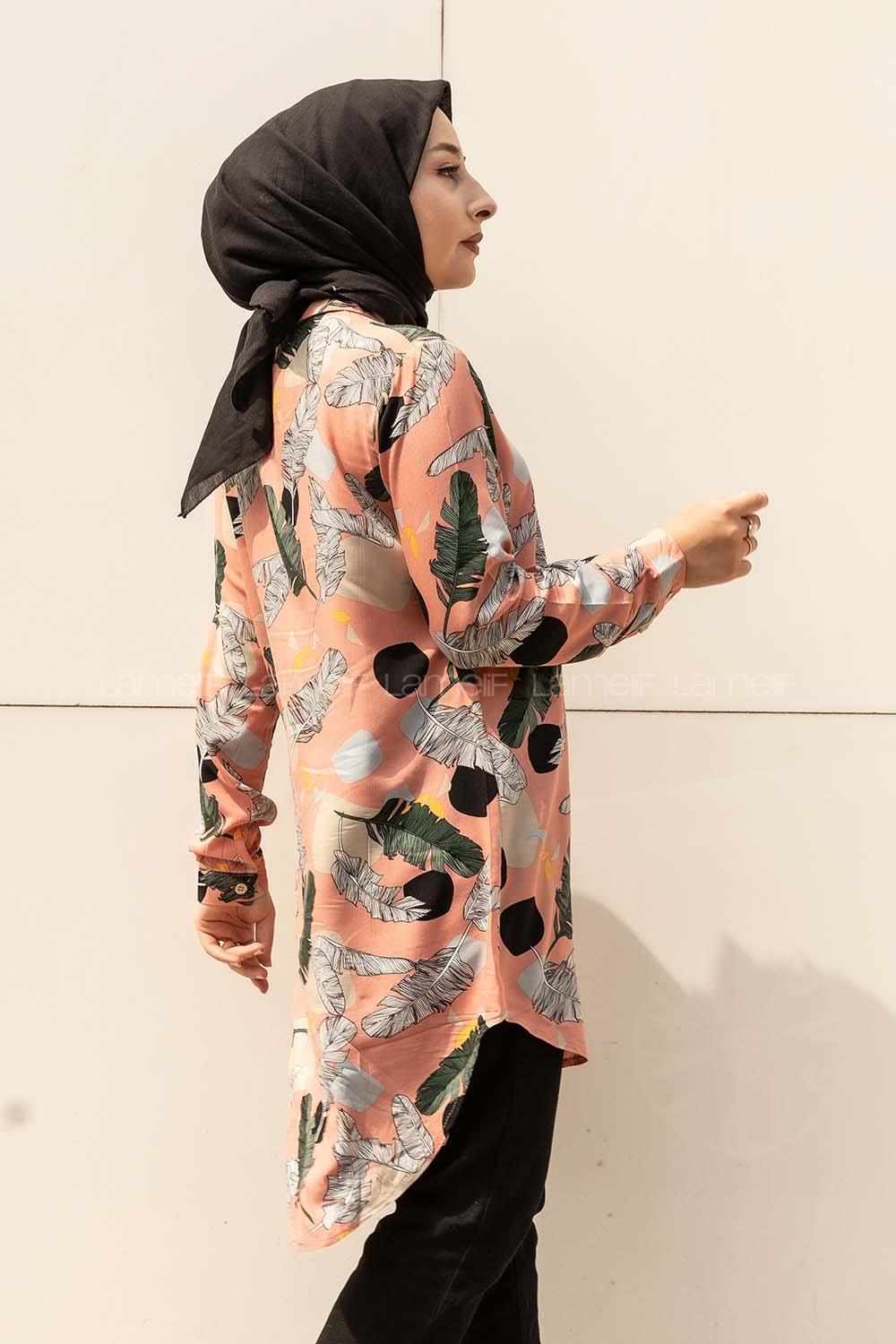 Modalamelif Önü Boydan Düğmeli Yaprak Desenli Gömlek Pembe