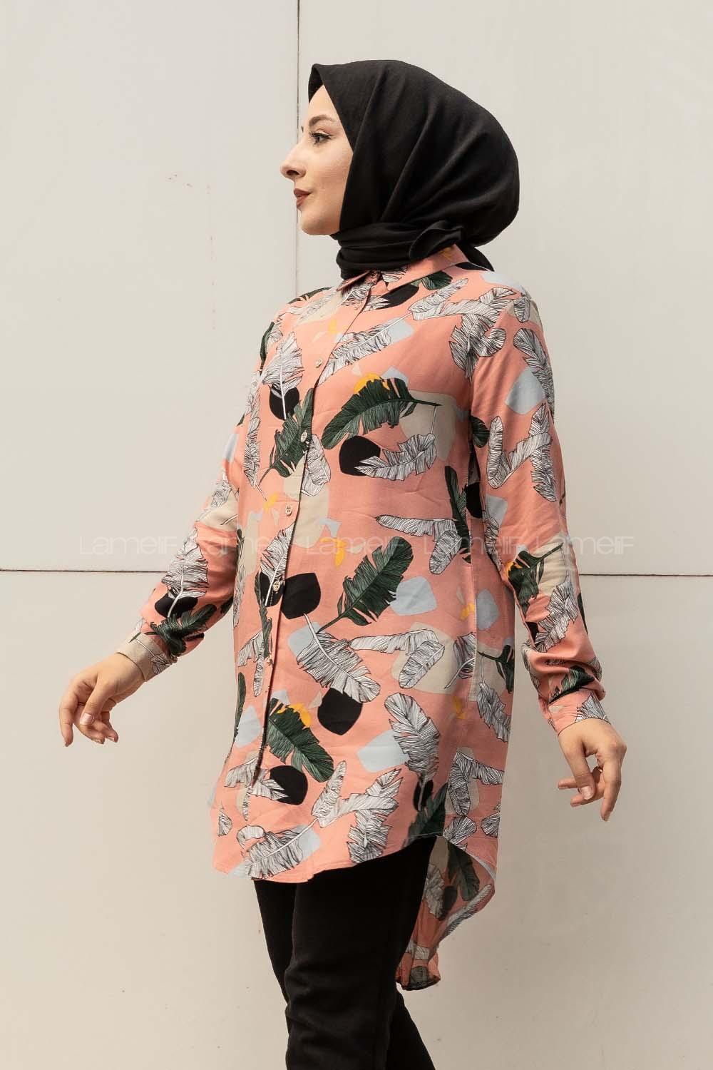 Modalamelif Önü Boydan Düğmeli Yaprak Desenli Gömlek Pembe