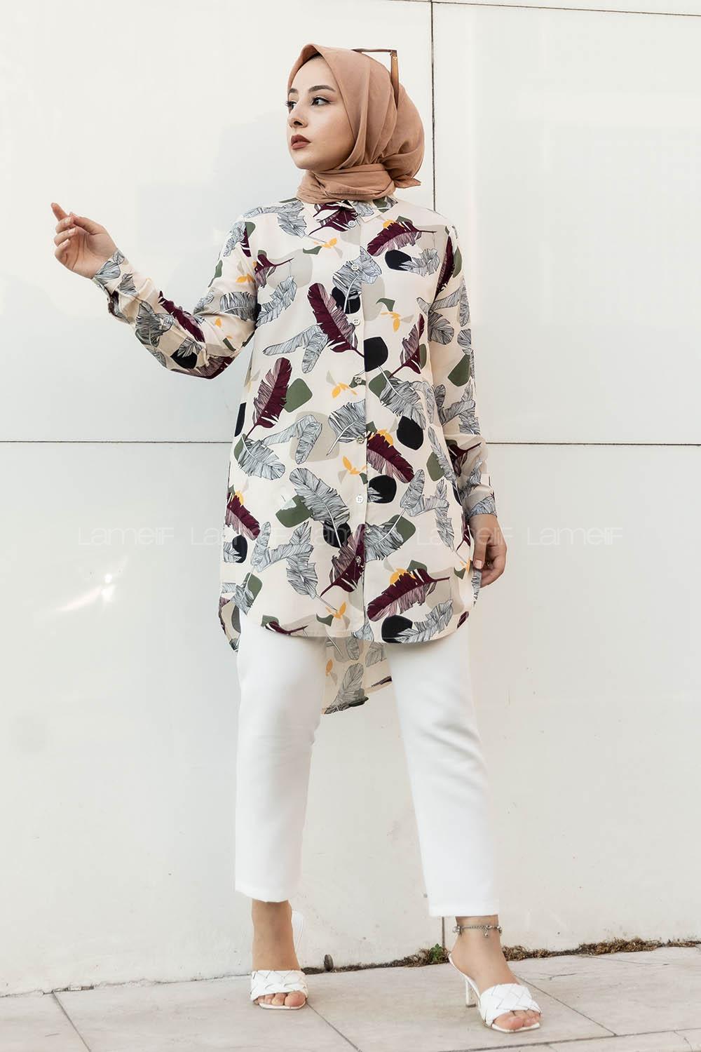 Modalamelif Önü Boydan Düğmeli Yaprak Desenli Gömlek Taşrengi