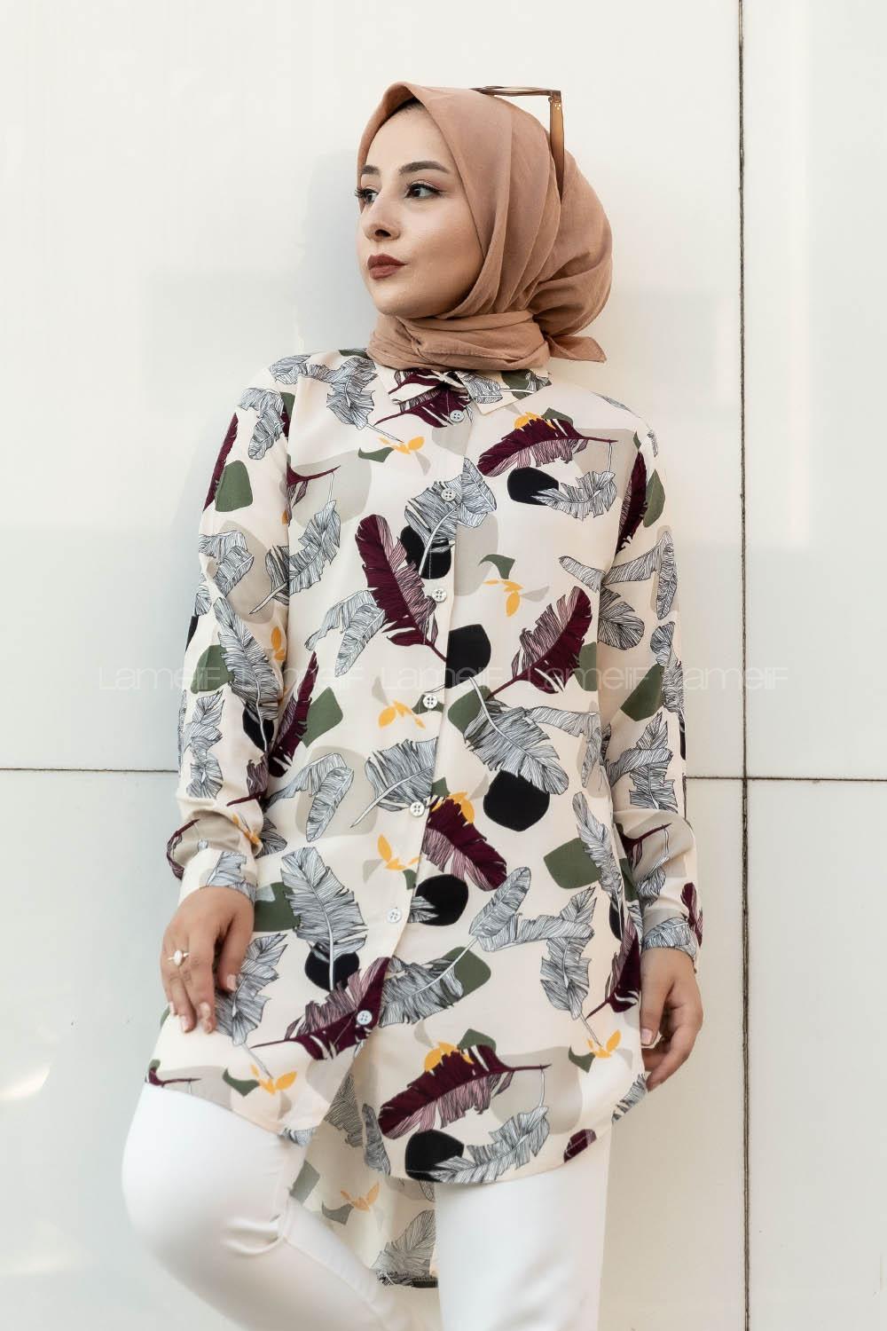 Modalamelif Önü Boydan Düğmeli Yaprak Desenli Gömlek Taşrengi