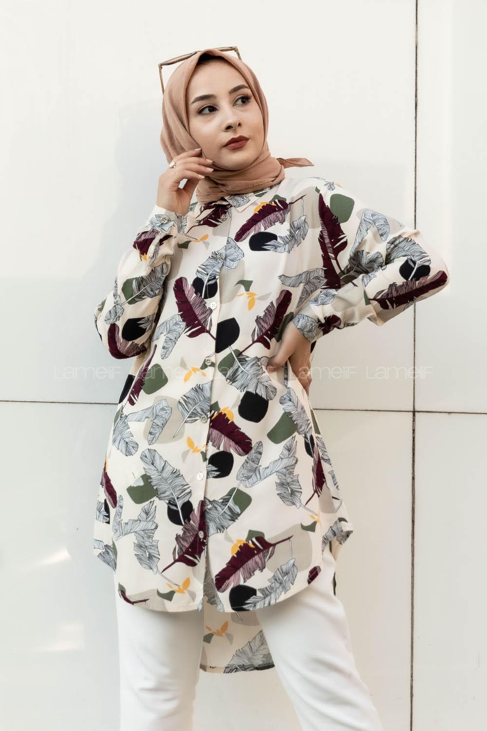 Modalamelif Önü Boydan Düğmeli Yaprak Desenli Gömlek Taşrengi