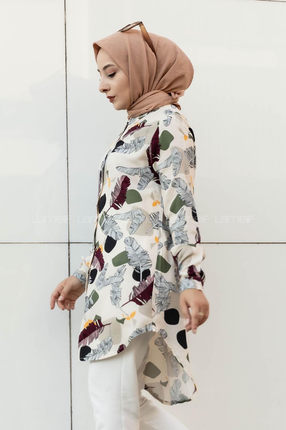 Modalamelif Önü Boydan Düğmeli Yaprak Desenli Gömlek Taşrengi