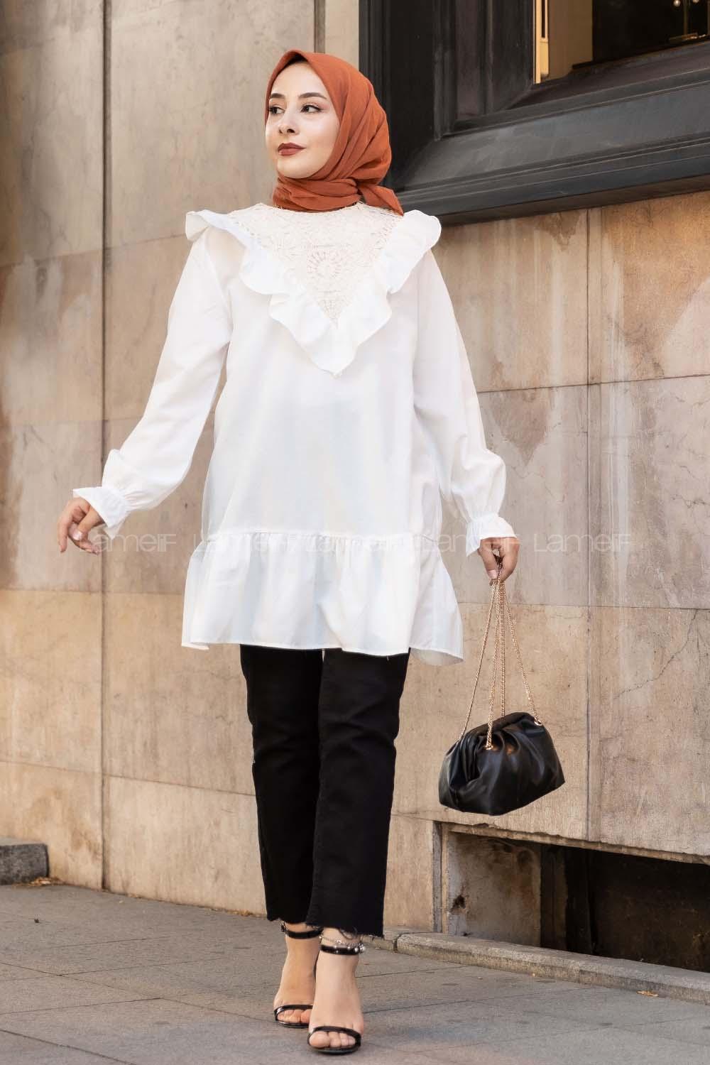 Modalamelif Önü Fırfır Detaylı Dantel Modelli Tunik Beyaz