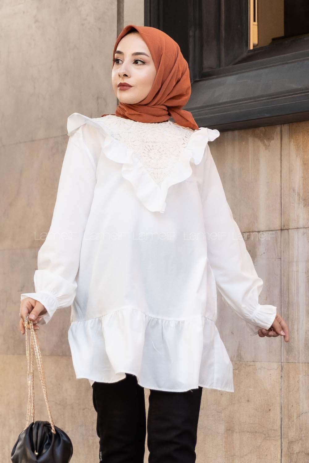 Modalamelif Önü Fırfır Detaylı Dantel Modelli Tunik Beyaz