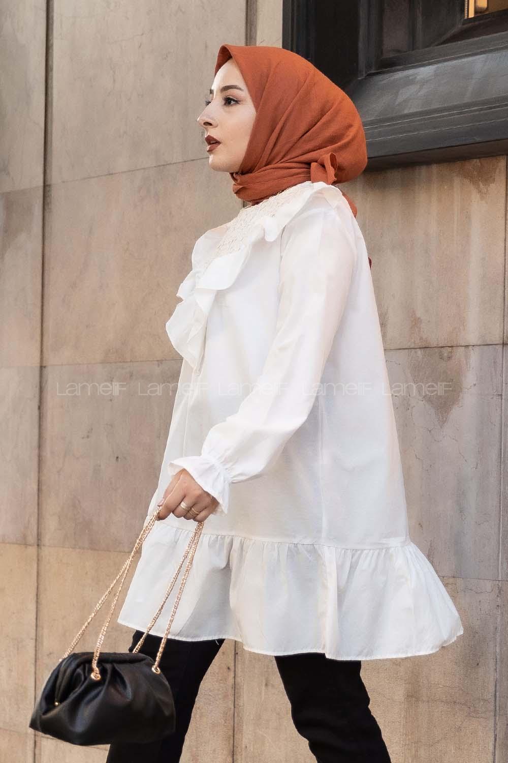 Modalamelif Önü Fırfır Detaylı Dantel Modelli Tunik Beyaz