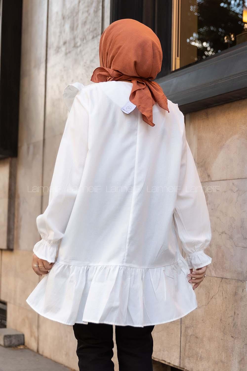 Modalamelif Önü Fırfır Detaylı Dantel Modelli Tunik Beyaz