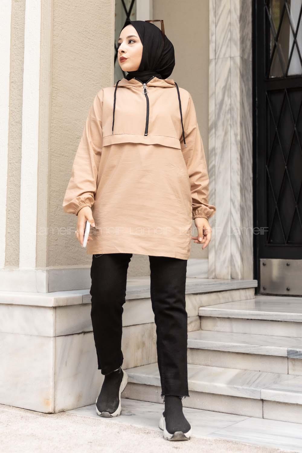 Modalamelif Önü Yarım Fermuarlı Kapüşon Detaylı  Sütlü Kahve