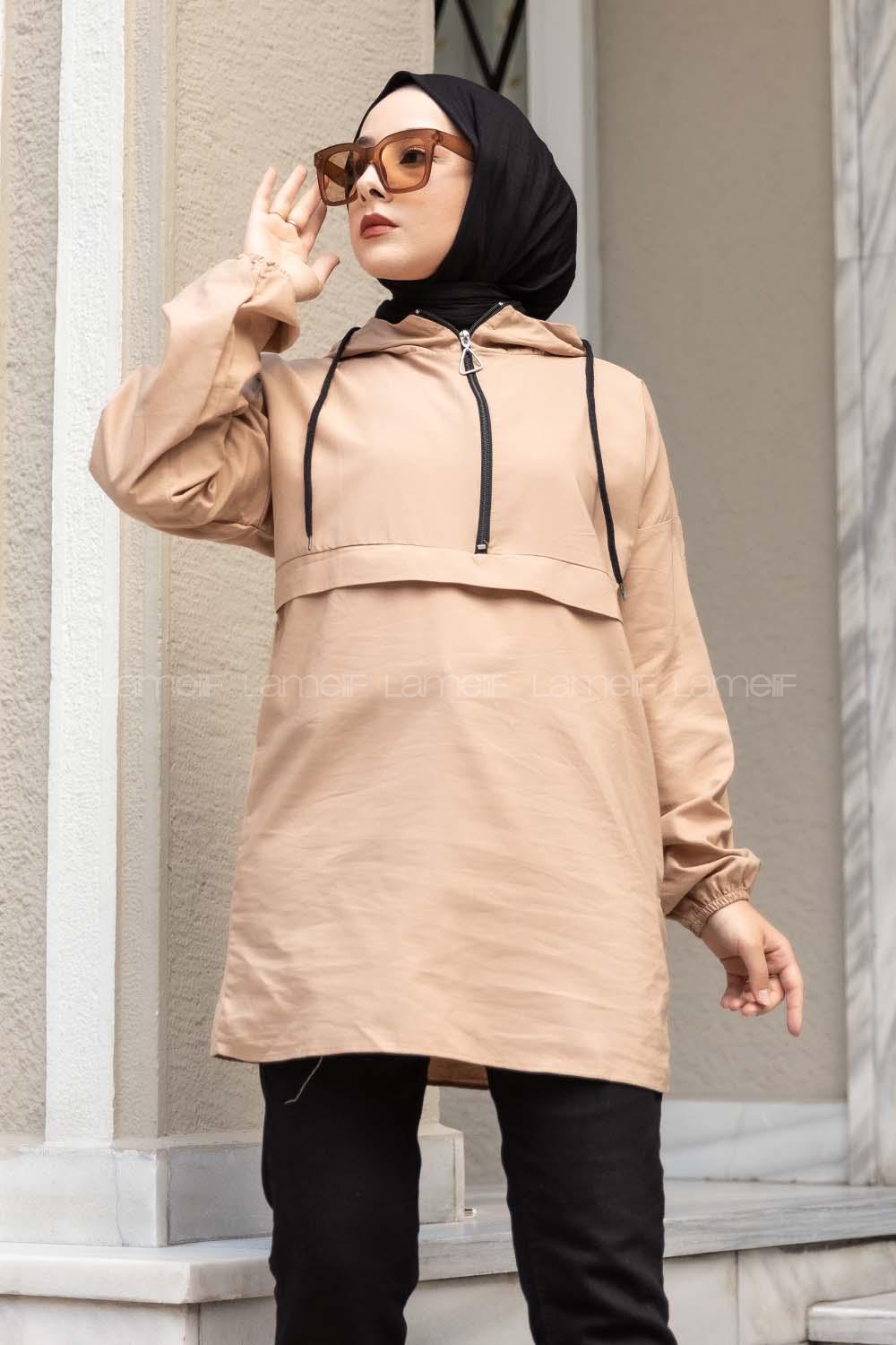 Modalamelif Önü Yarım Fermuarlı Kapüşon Detaylı  Sütlü Kahve