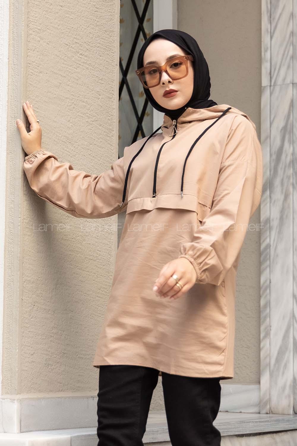 Modalamelif Önü Yarım Fermuarlı Kapüşon Detaylı  Sütlü Kahve