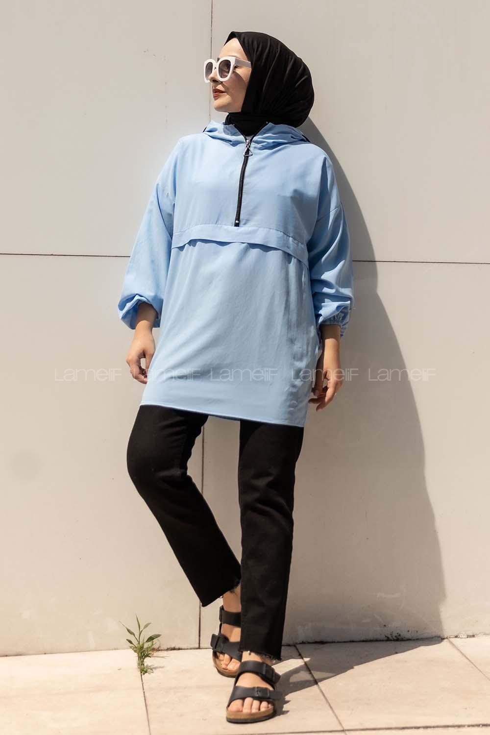 Modalamelif Önü Yarım Fermuarlı Kapüşon Detaylı  Tunik Açık Mavi