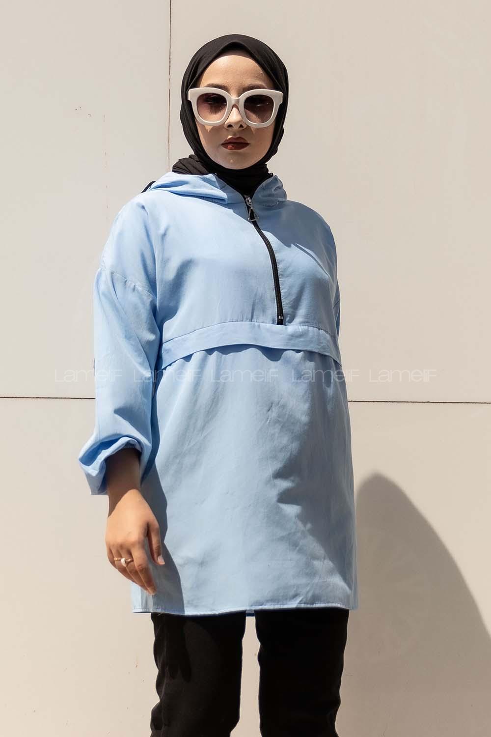 Modalamelif Önü Yarım Fermuarlı Kapüşon Detaylı  Tunik Açık Mavi