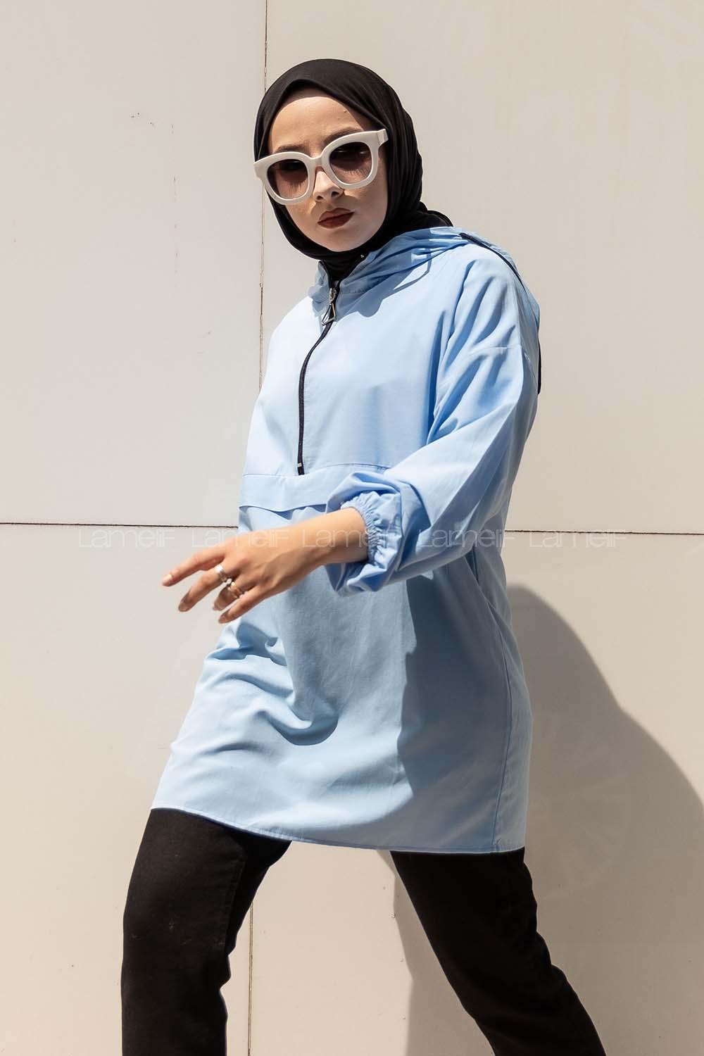 Modalamelif Önü Yarım Fermuarlı Kapüşon Detaylı  Tunik Açık Mavi