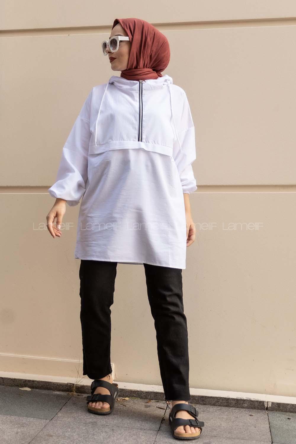 Modalamelif Önü Yarım Fermuarlı Kapüşon Detaylı  Tunik Beyaz