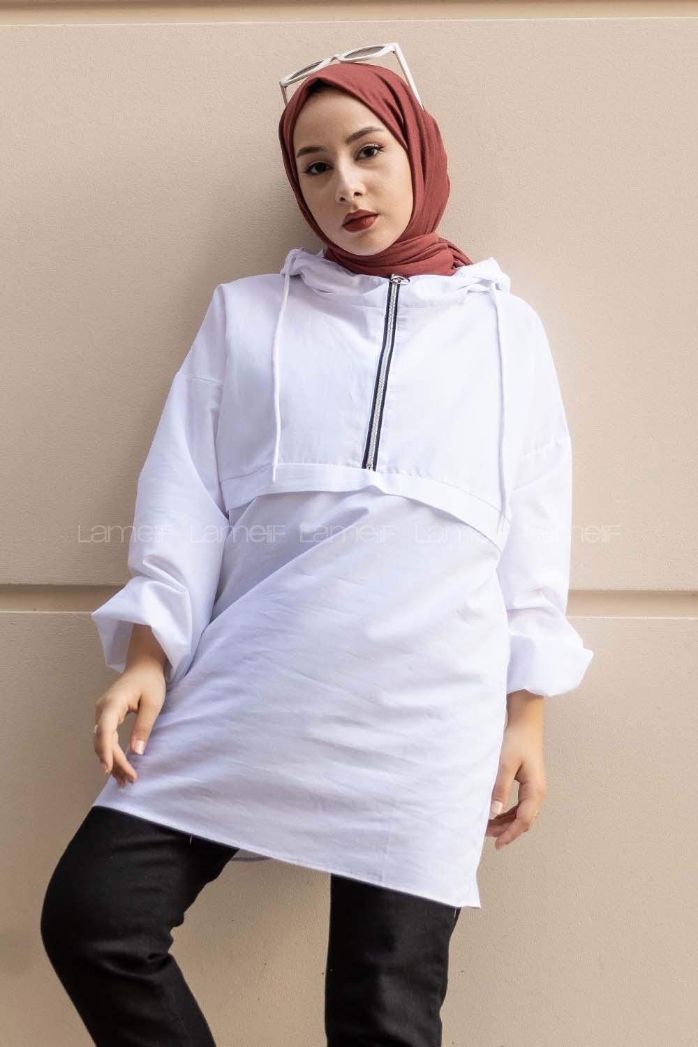 Modalamelif Önü Yarım Fermuarlı Kapüşon Detaylı  Tunik Beyaz