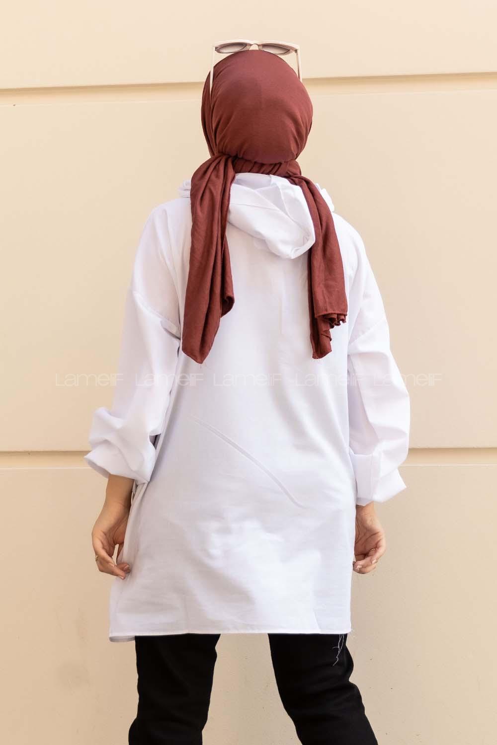 Modalamelif Önü Yarım Fermuarlı Kapüşon Detaylı  Tunik Beyaz