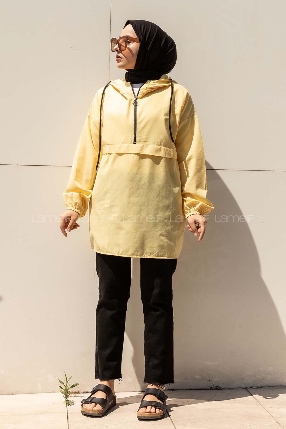 Modalamelif Önü Yarım Fermuarlı Kapüşon Detaylı  Tunik Sarı