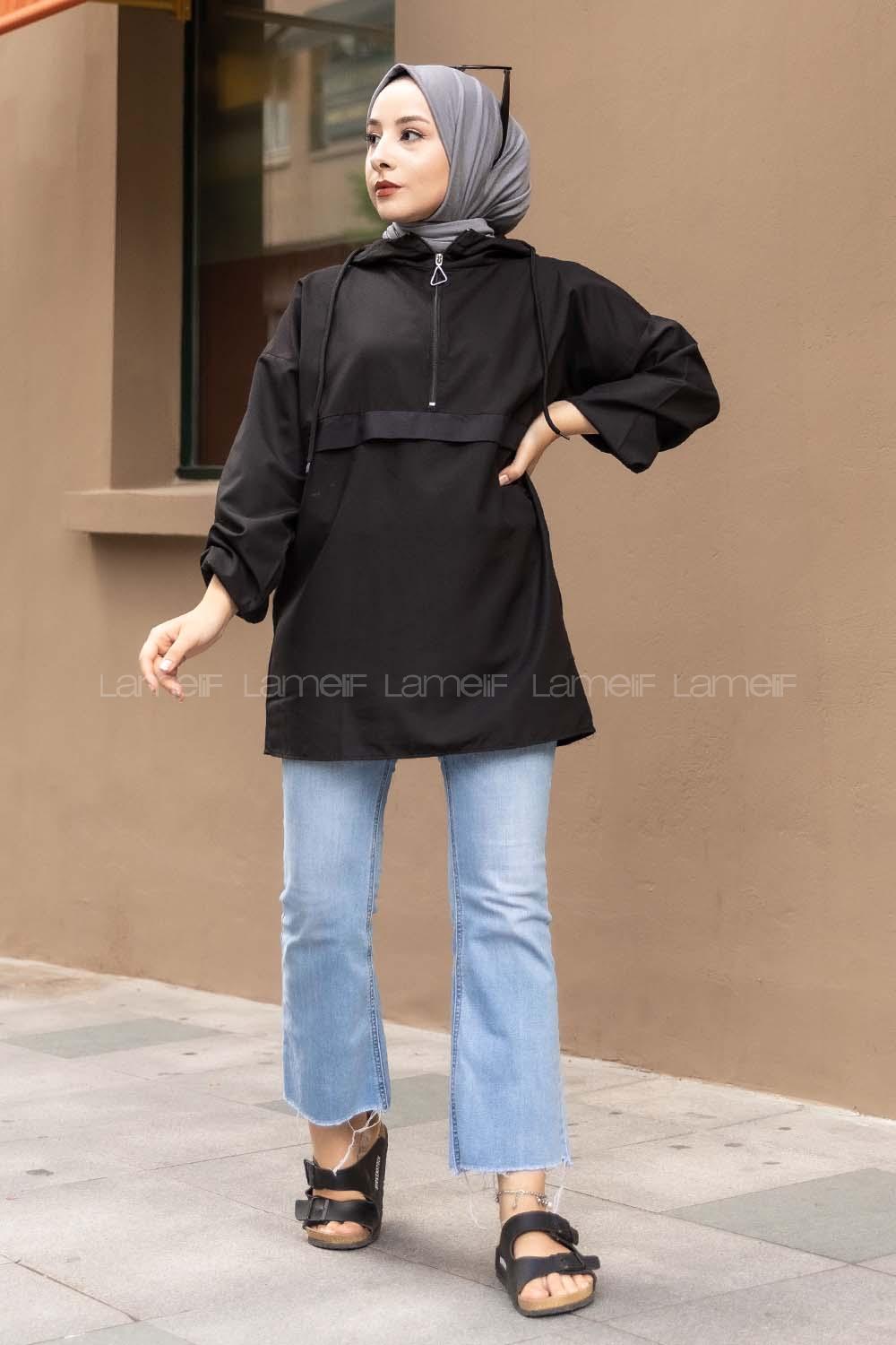 Modalamelif Önü Yarım Fermuarlı Kapüşon Detaylı  Tunik Siyah