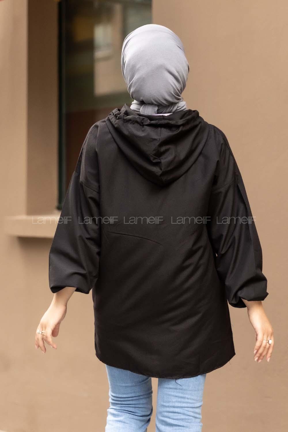 Modalamelif Önü Yarım Fermuarlı Kapüşon Detaylı  Tunik Siyah