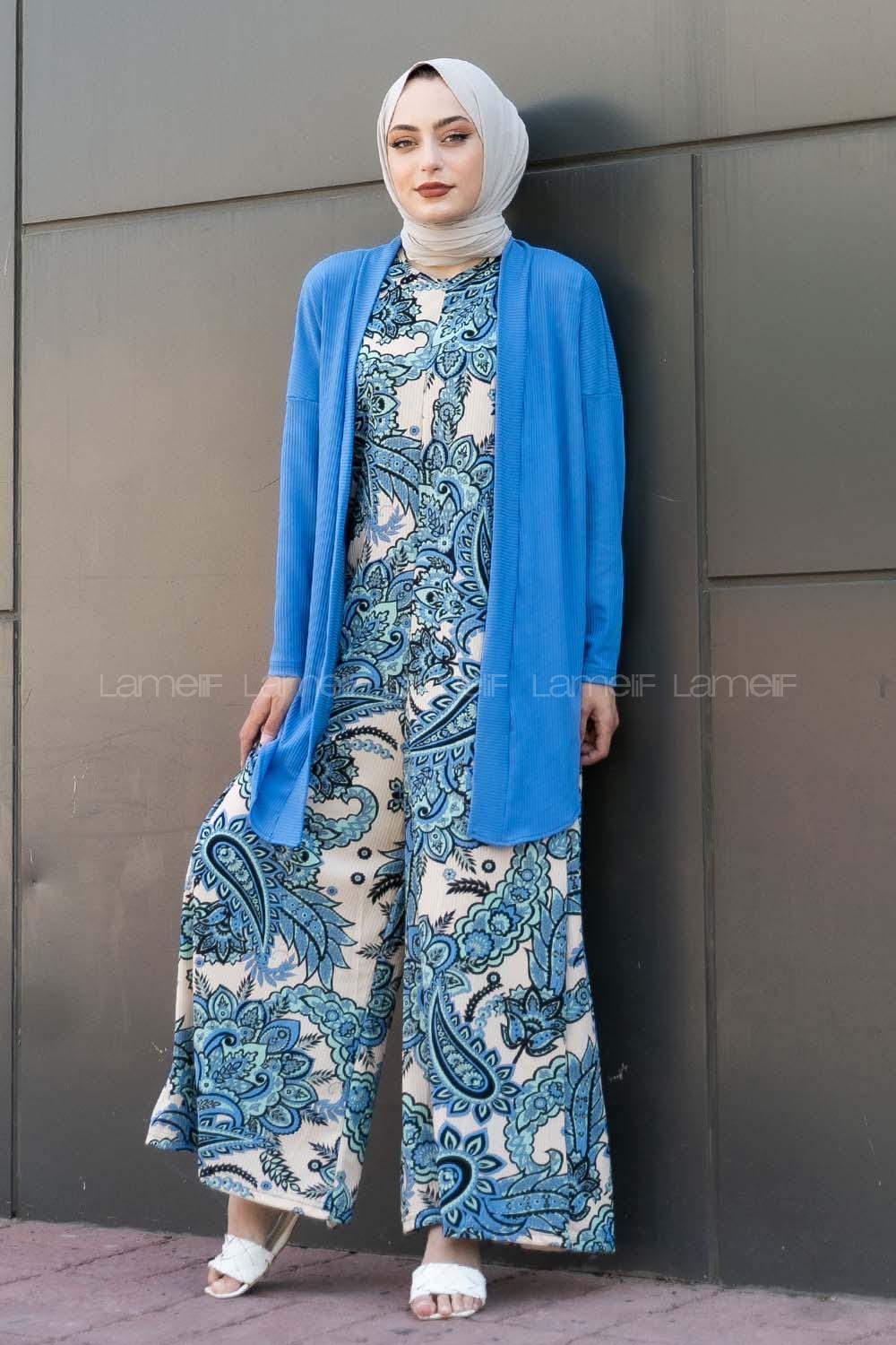 Modalamelif  Çiçek Desen Kaşkorse İkili Takım İndigo