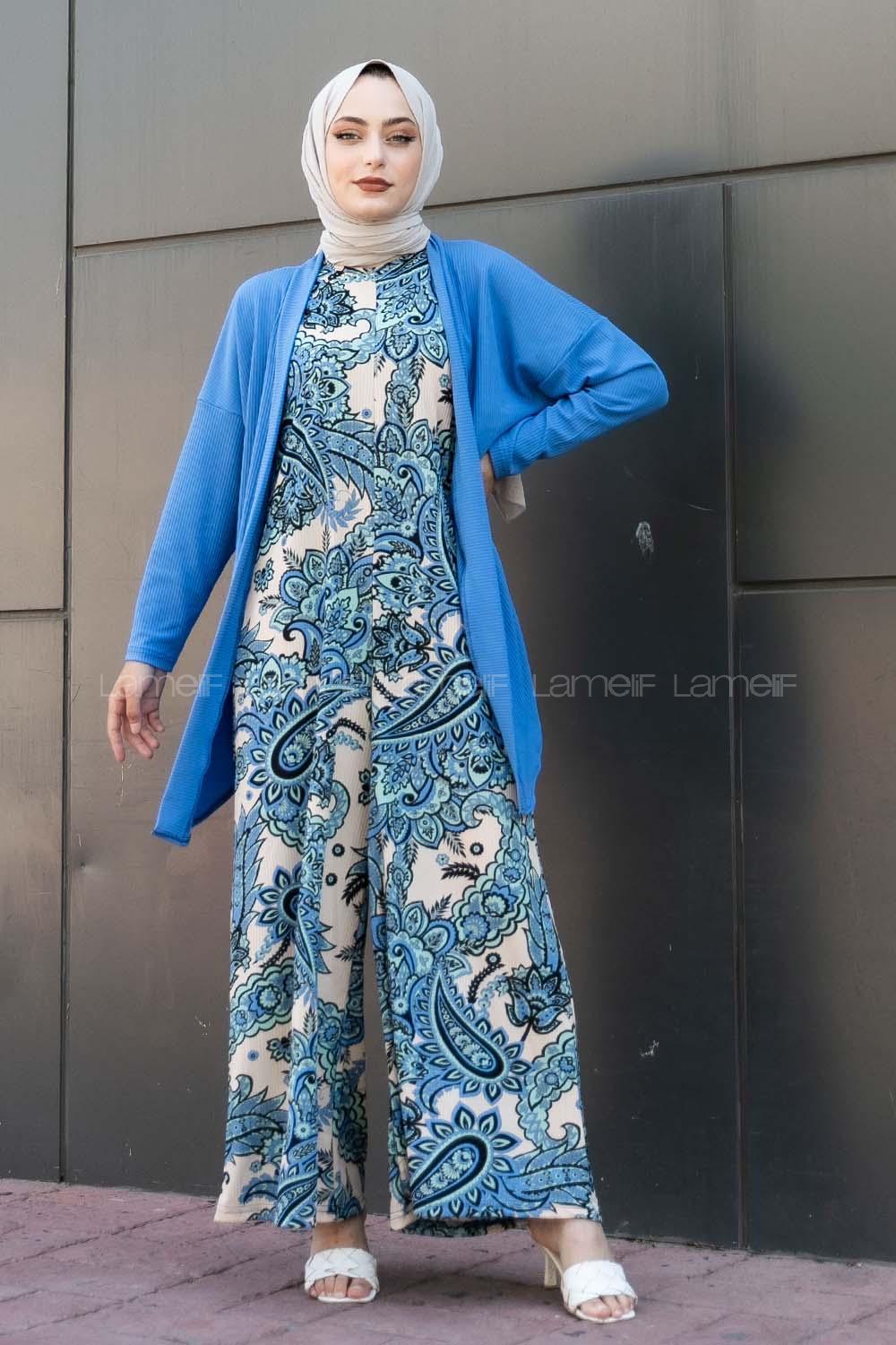 Modalamelif  Çiçek Desen Kaşkorse İkili Takım İndigo