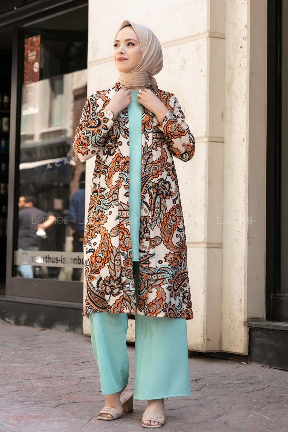 Modalamelif Desenli Kaşkorse Üçlü Pantolon Takım Su Yeşili