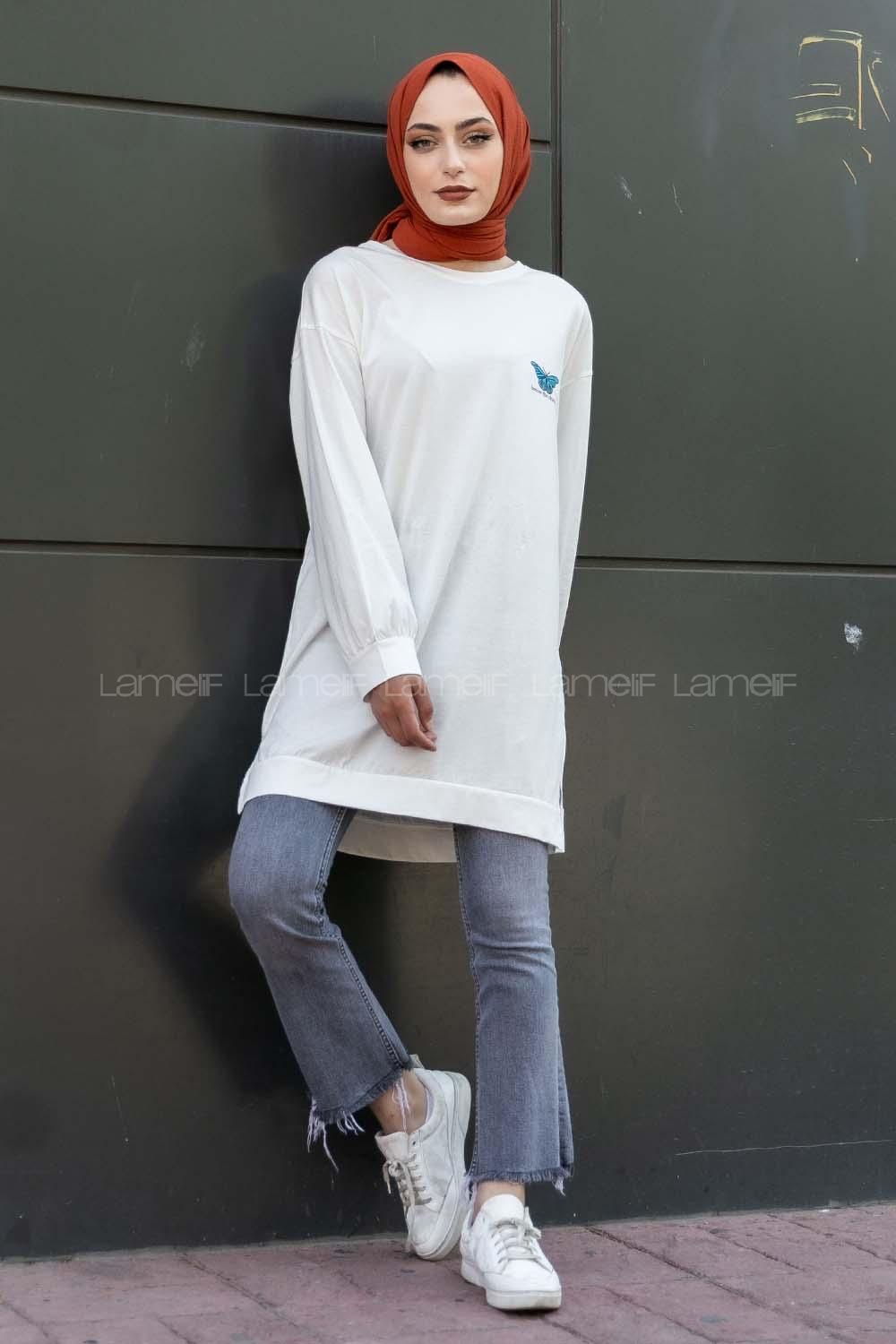 Modalamelif Kelebek Baskılı Yırtmaçlı Uzun Tunik Beyaz