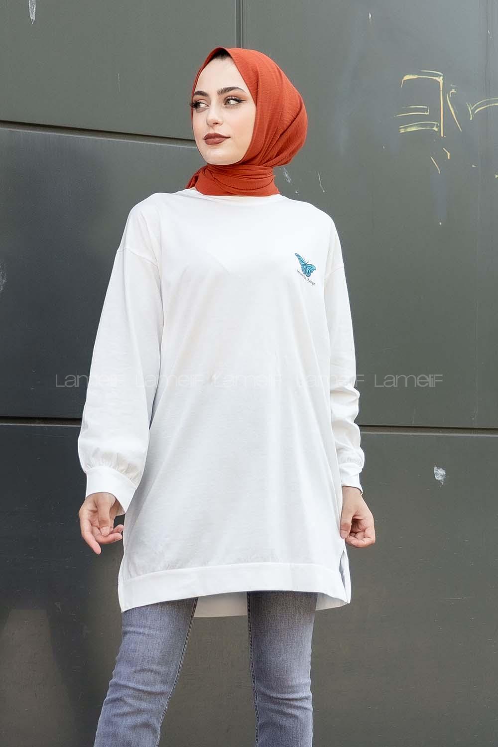 Modalamelif Kelebek Baskılı Yırtmaçlı Uzun Tunik Beyaz