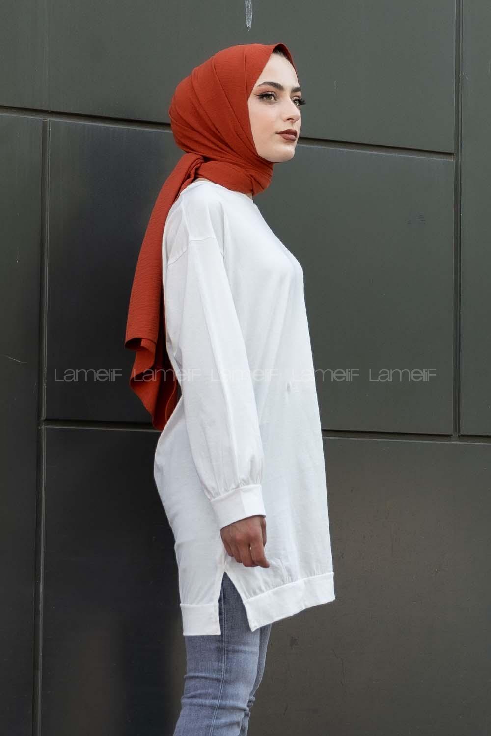 Modalamelif Kelebek Baskılı Yırtmaçlı Uzun Tunik Beyaz