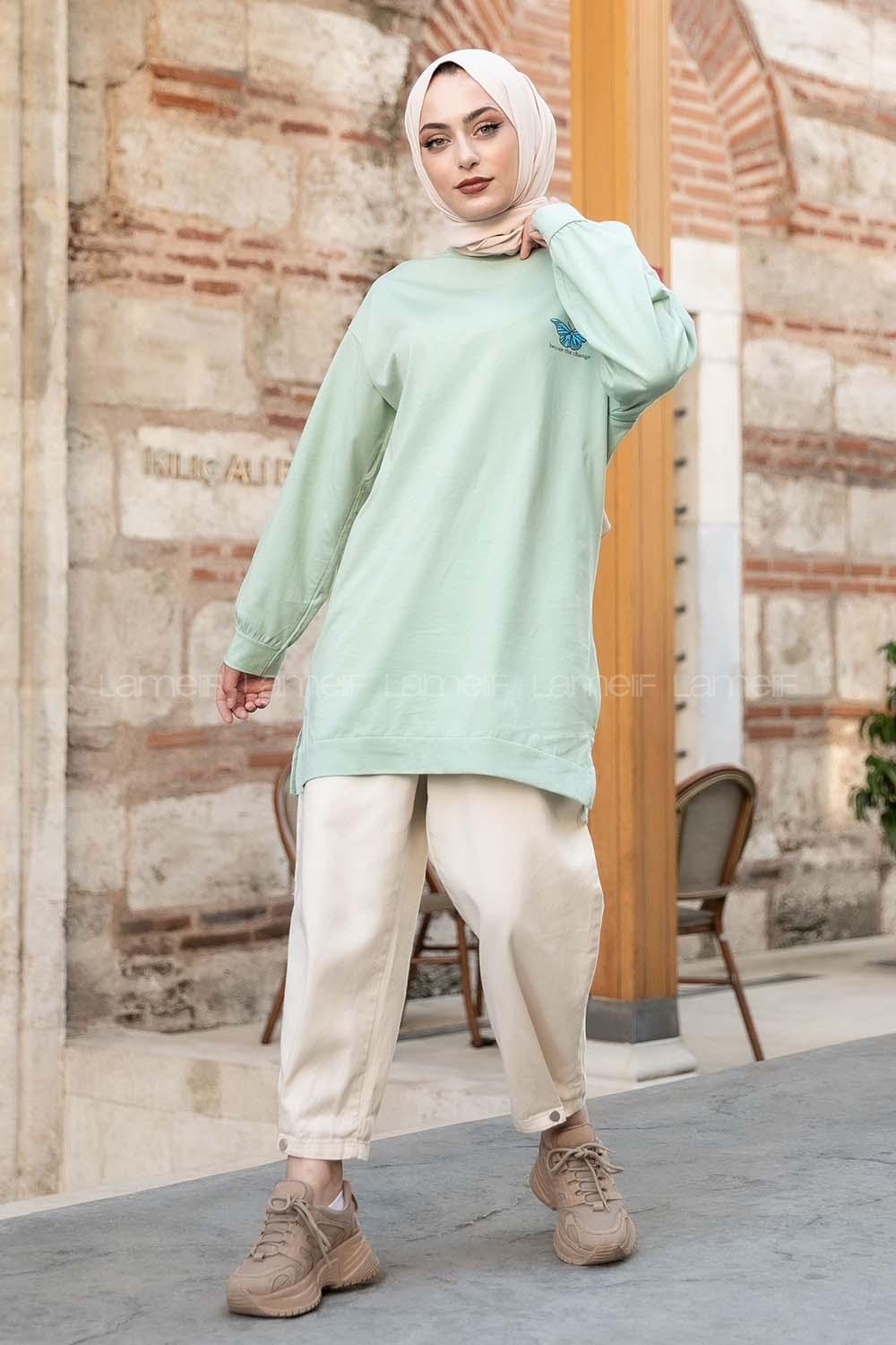 Modalamelif Kelebek Baskılı Yırtmaçlı Uzun Tunik  Çağla Yeşili