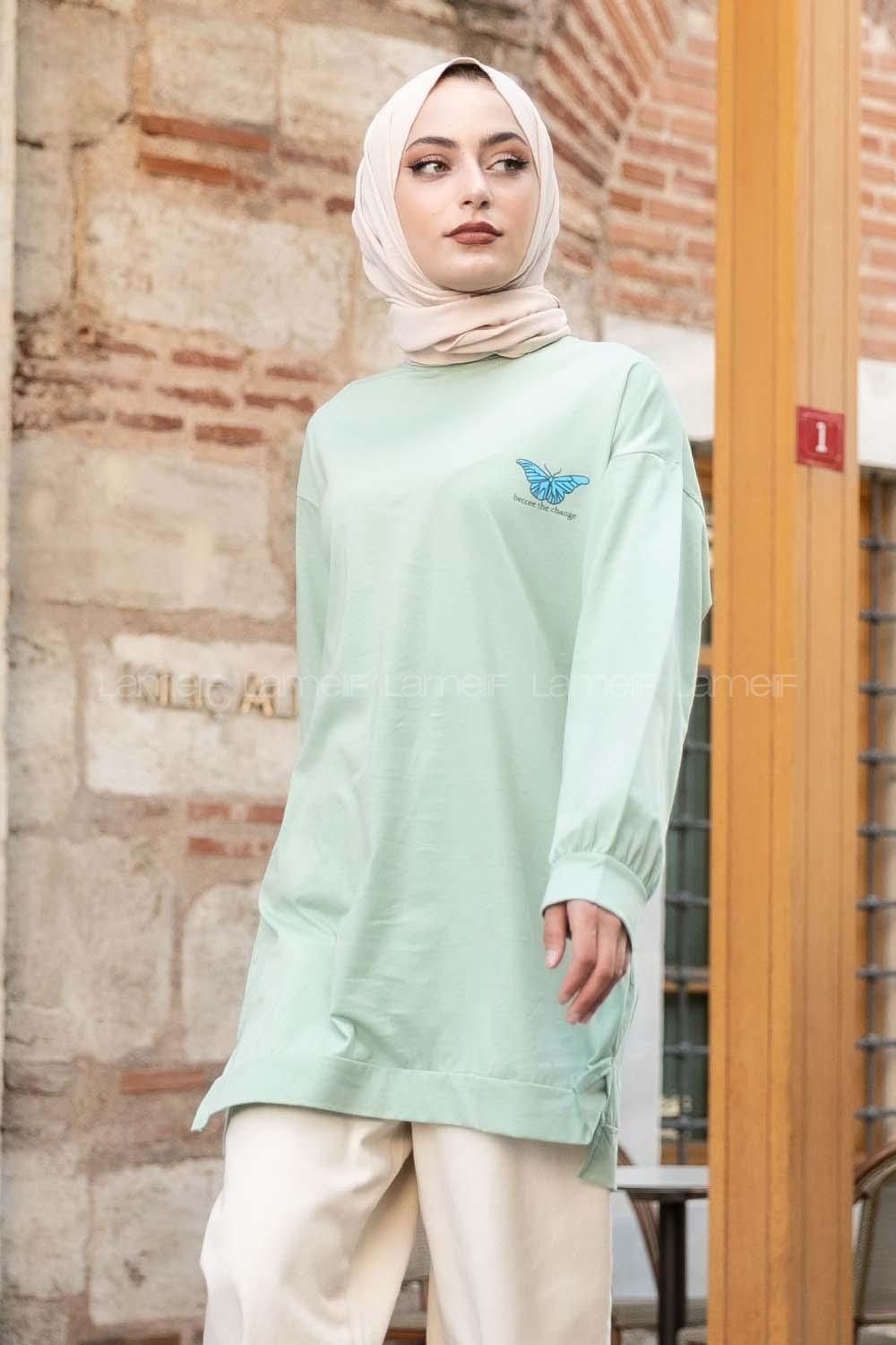 Modalamelif Kelebek Baskılı Yırtmaçlı Uzun Tunik  Çağla Yeşili