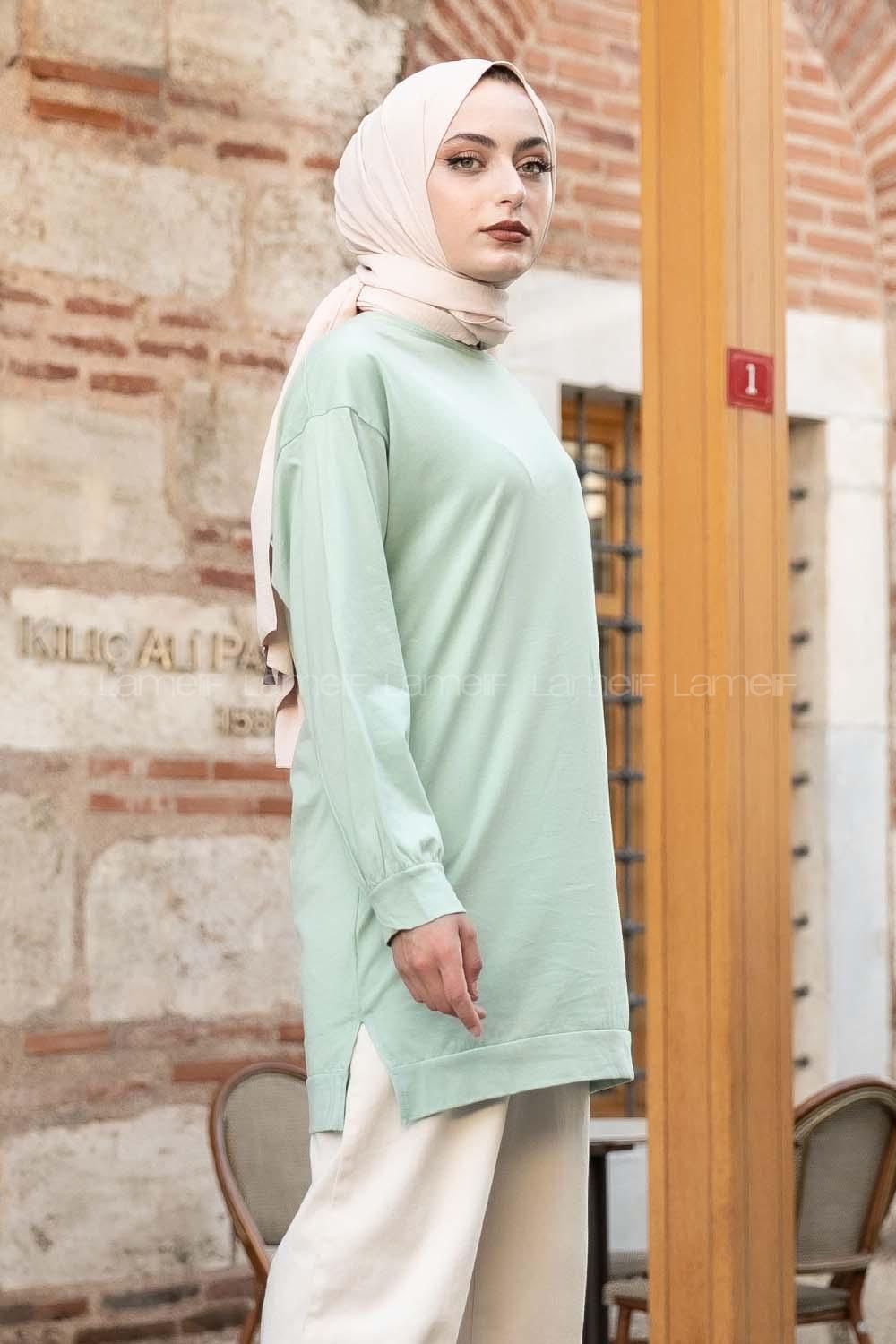 Modalamelif Kelebek Baskılı Yırtmaçlı Uzun Tunik  Çağla Yeşili