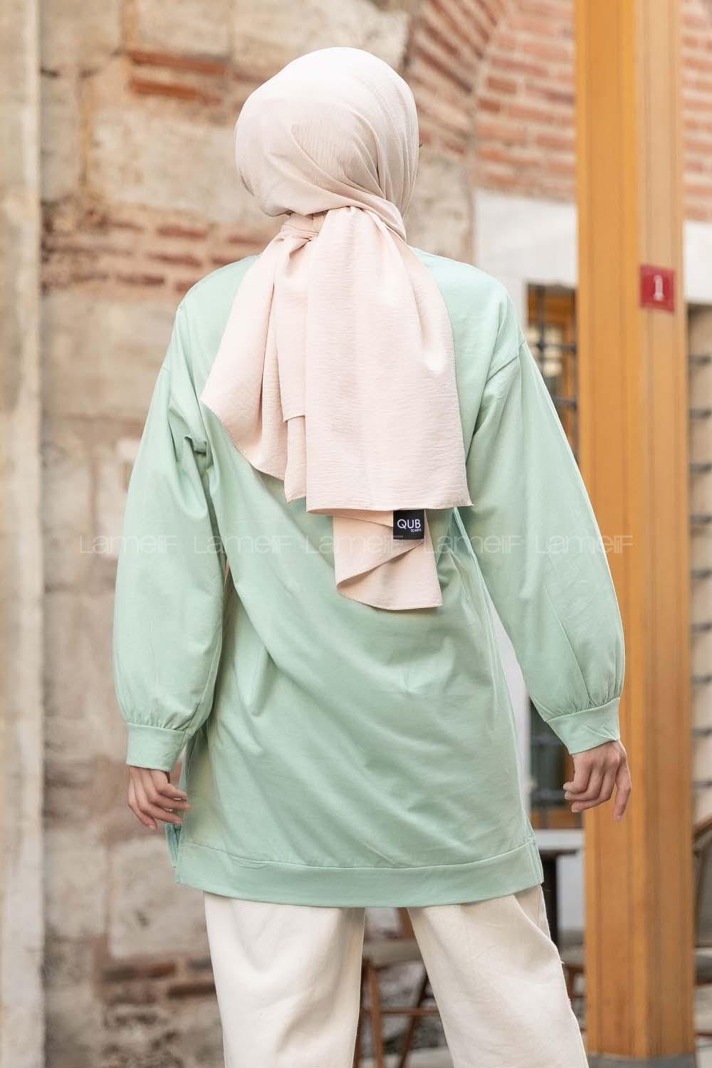 Modalamelif Kelebek Baskılı Yırtmaçlı Uzun Tunik  Çağla Yeşili