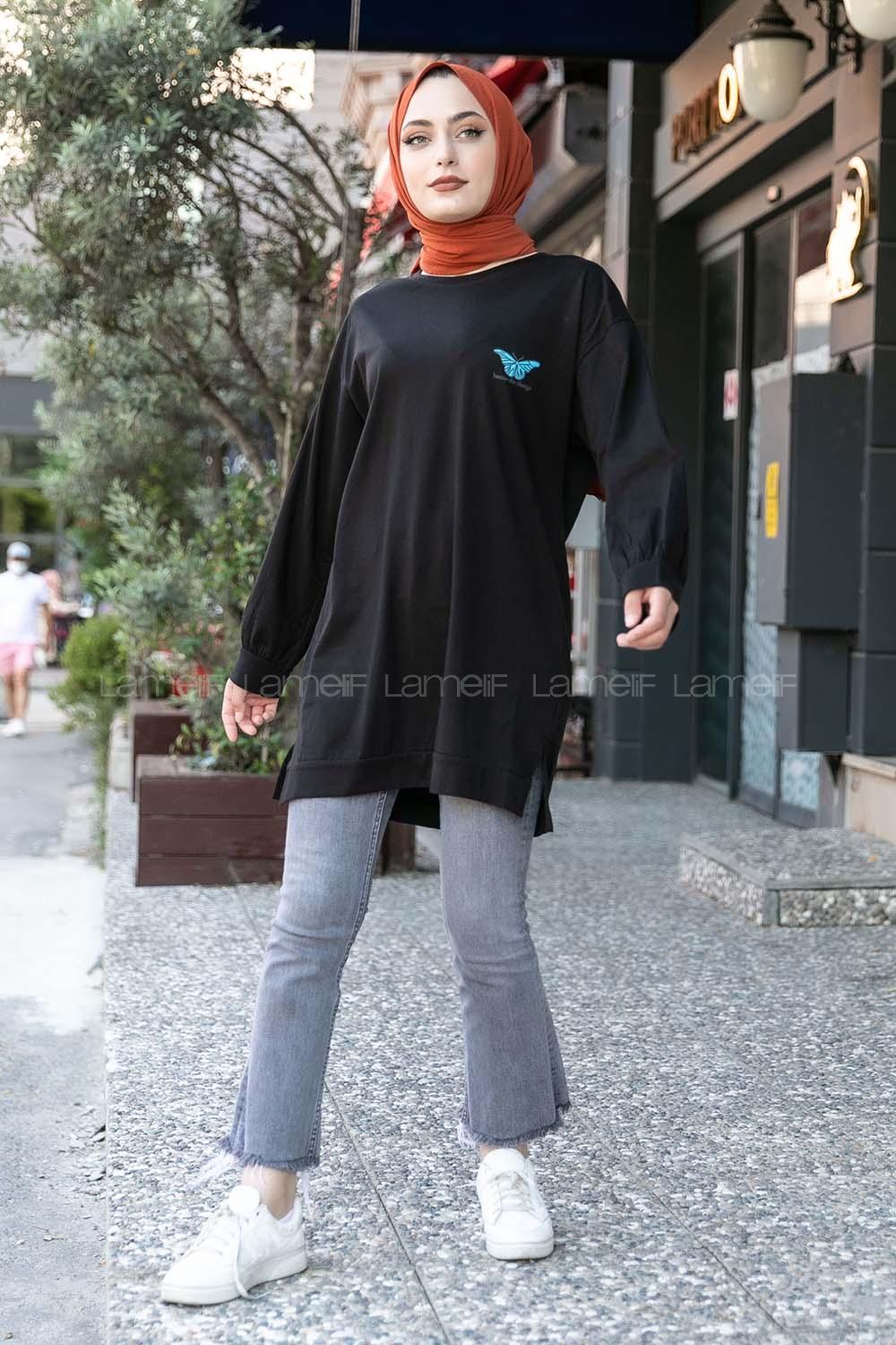 Modalamelif Kelebek Baskılı Yırtmaçlı Uzun Tunik Siyah