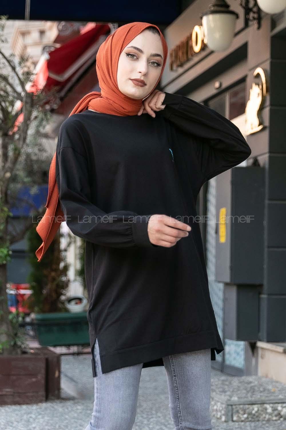 Modalamelif Kelebek Baskılı Yırtmaçlı Uzun Tunik Siyah