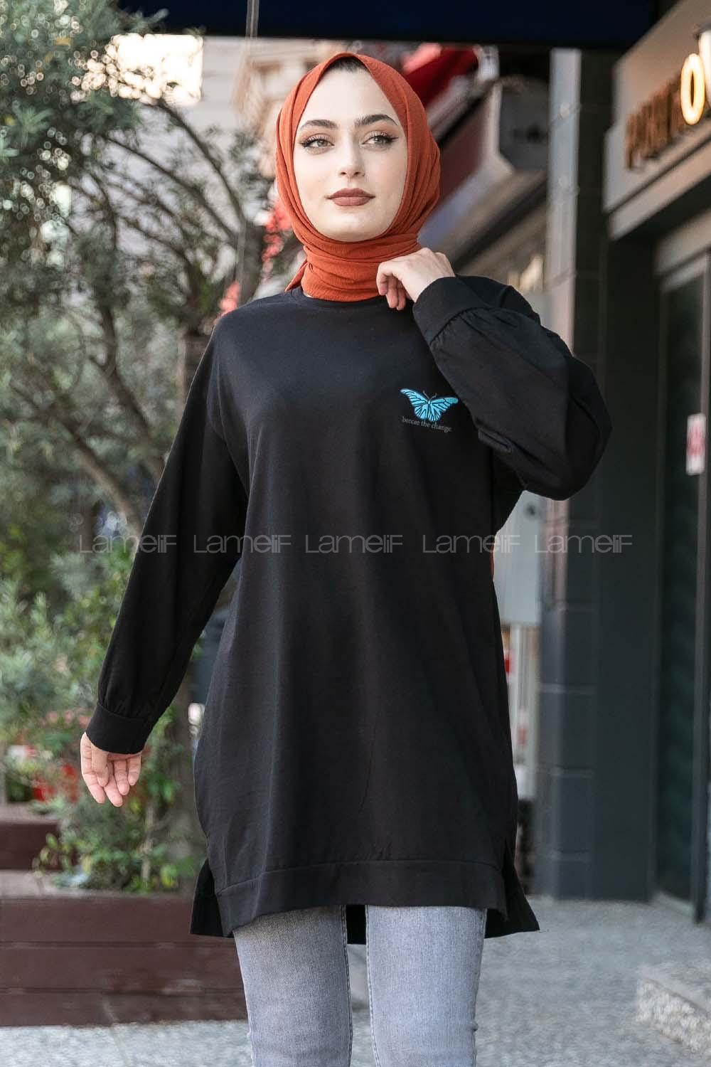 Modalamelif Kelebek Baskılı Yırtmaçlı Uzun Tunik Siyah