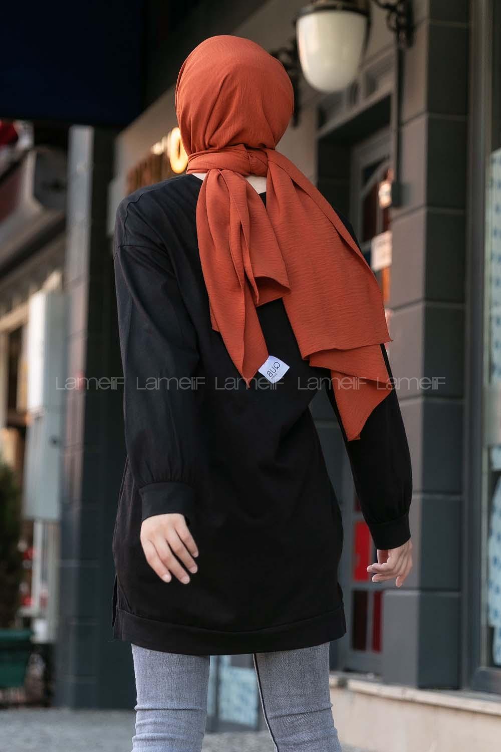 Modalamelif Kelebek Baskılı Yırtmaçlı Uzun Tunik Siyah